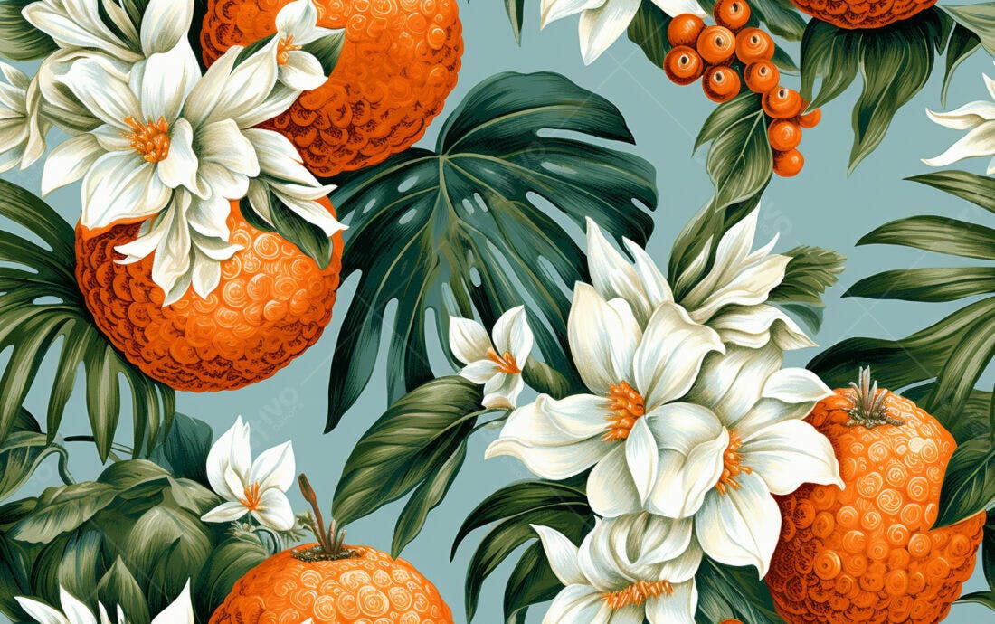 Textura floral tropical laranja e branco para papel de parede