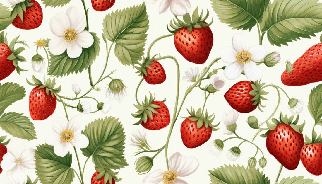 Textura Morango e Flores para Papel de Parede