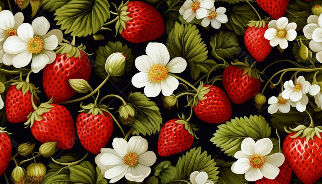 Textura Morangos e Flores para Fundo