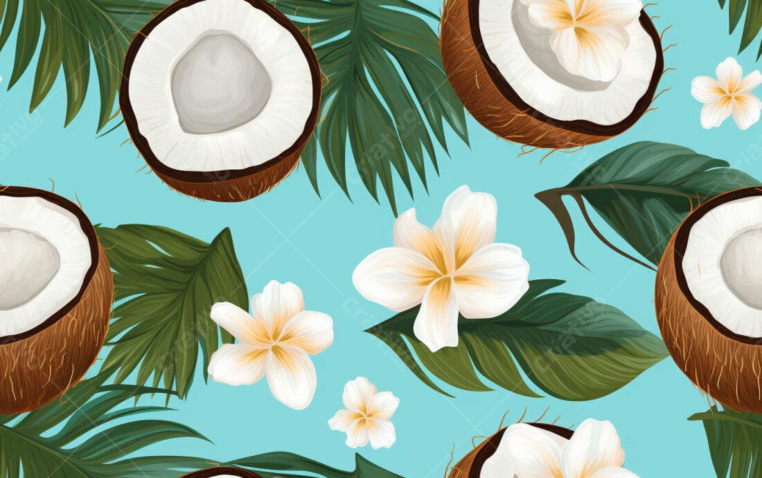 Textura coco e flores tropicais para fundo
