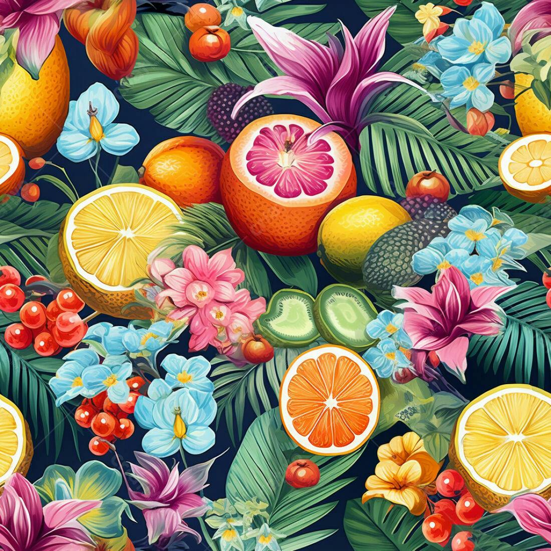 Textura Frutas Tropicais e Flores para Fundo