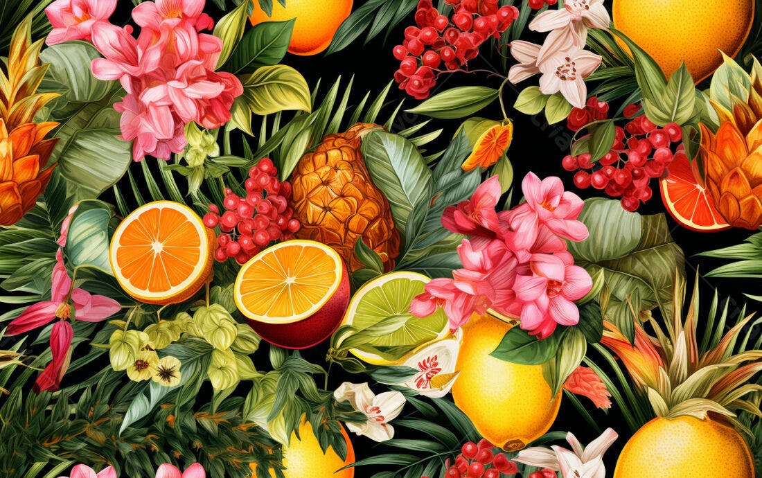 Textura Tropical Frutas Flores para Papel de Parede