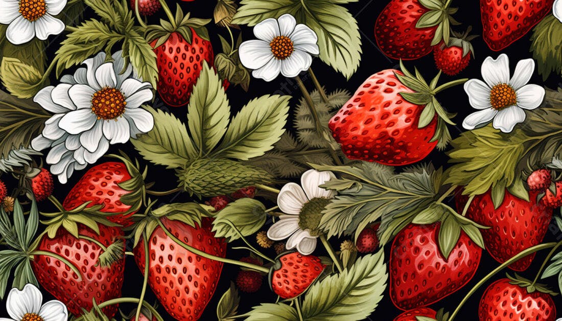 Textura Morangos e Flores para Papel de Parede
