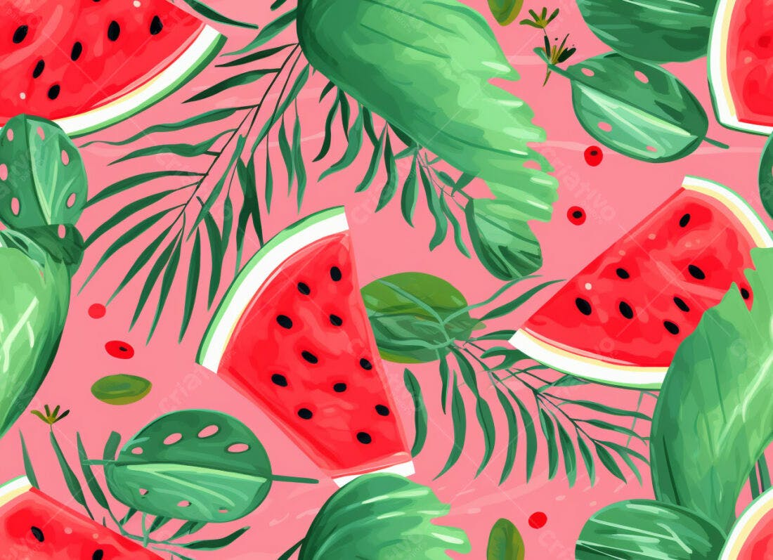 Textura Melancia e Folhas Tropicais para Fundo