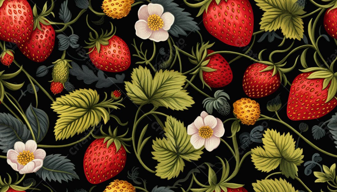 Textura Morango e Folhas para Papel de Parede
