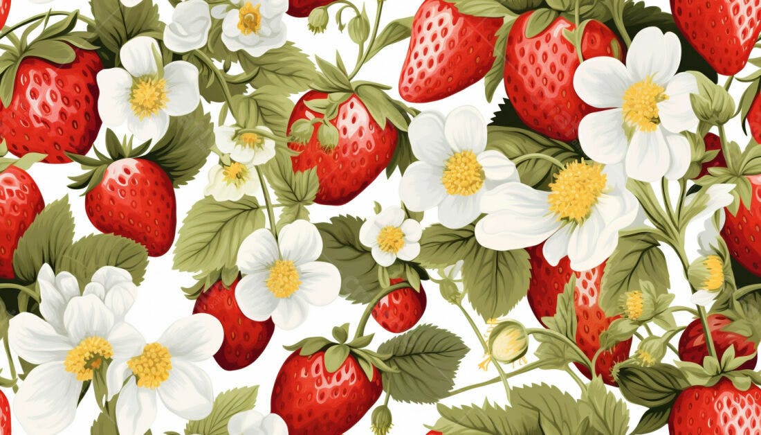 Textura Morangos e Flores para Papel de Parede
