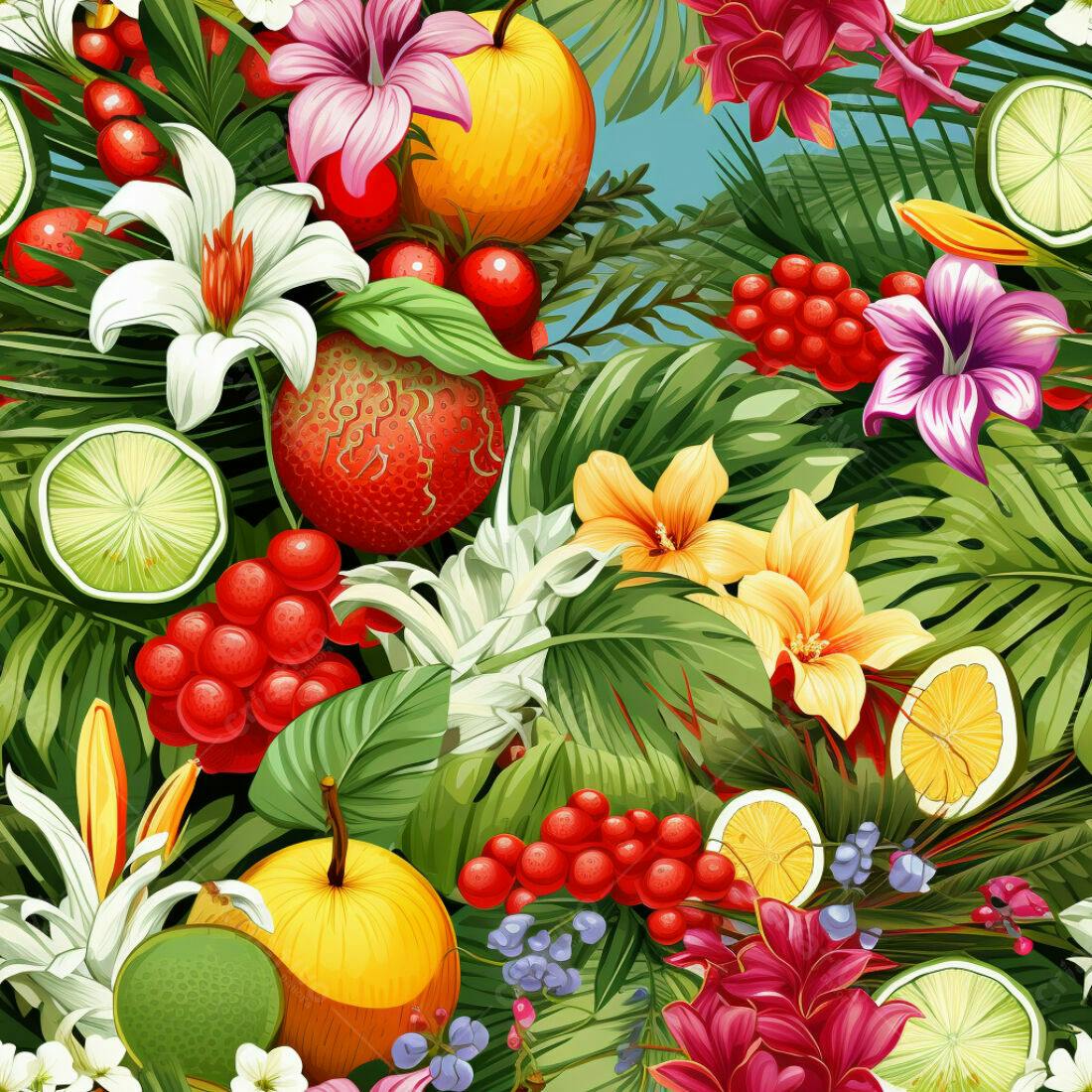 Textura Tropical Frutas Flores para Fundo