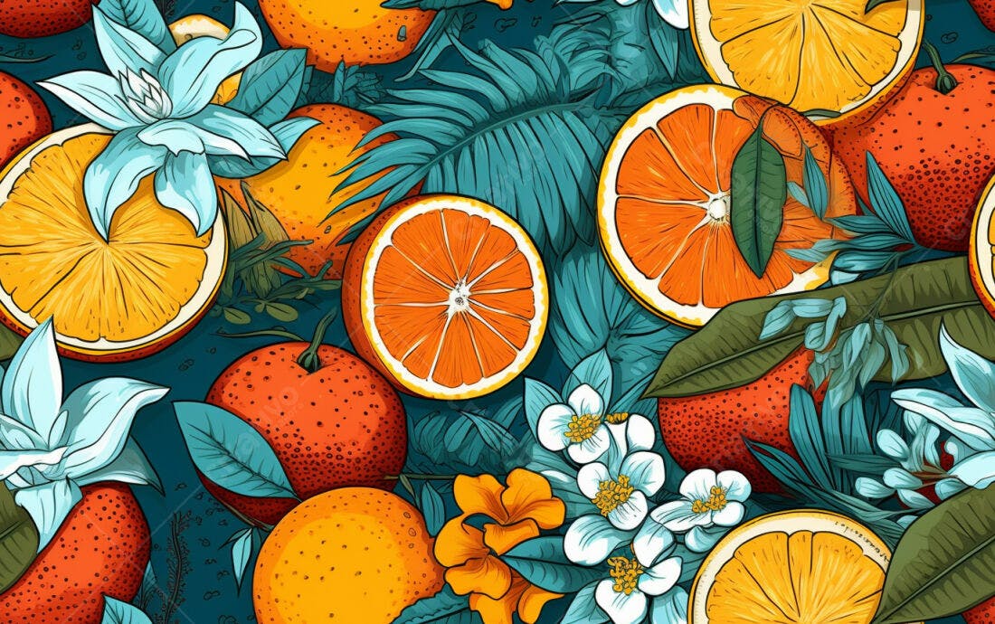 Textura Frutas Cítricas e Flores para Papel de Parede