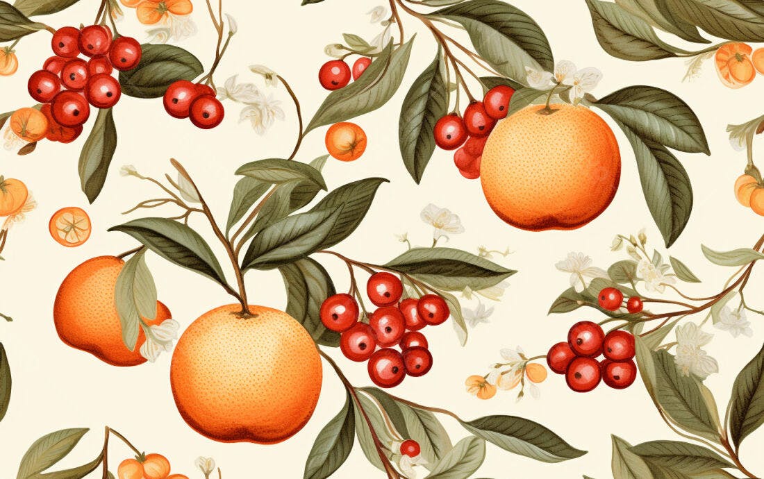 Textura floral laranjas e frutos vermelhos para papel de parede