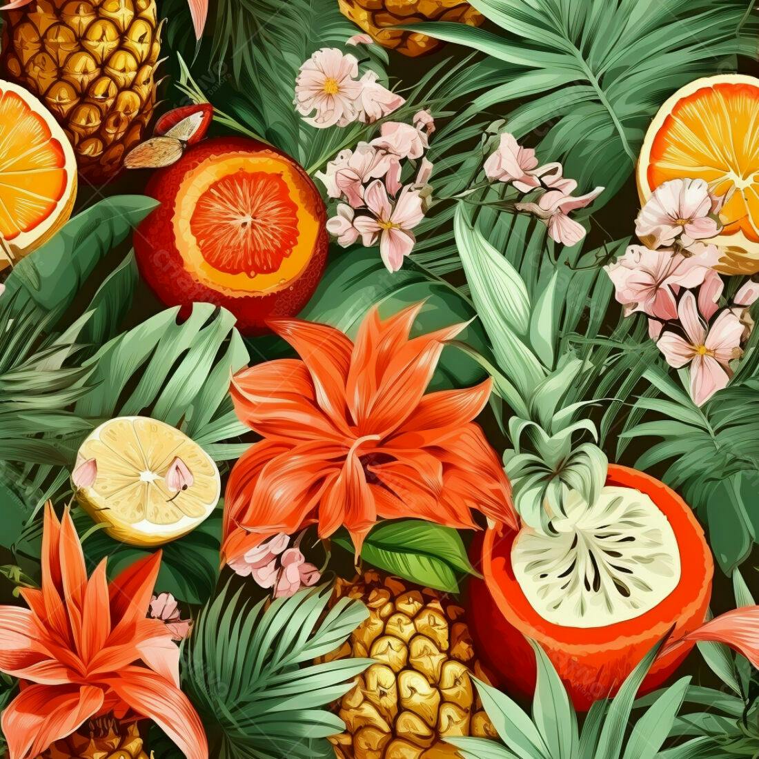 Textura Tropical Frutas Flores para Fundo