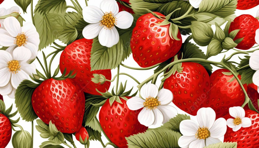 Textura Morango e Flores para Papel de Parede