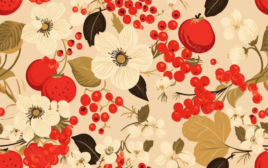 Textura floral com frutas vermelhas para papel de parede