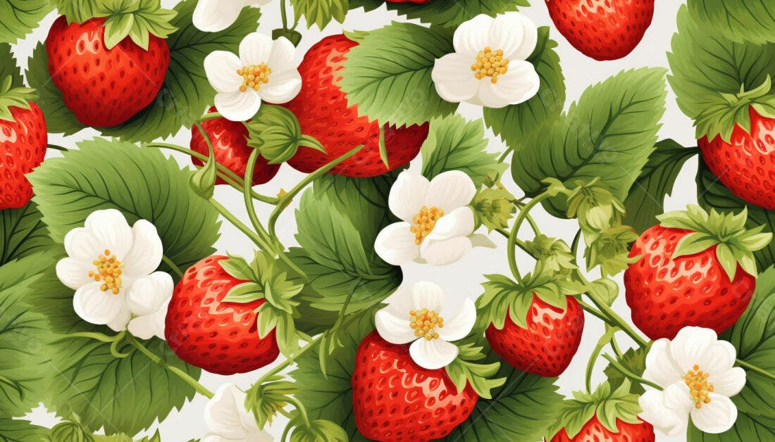 Textura Morango e Flores para Papel de Parede