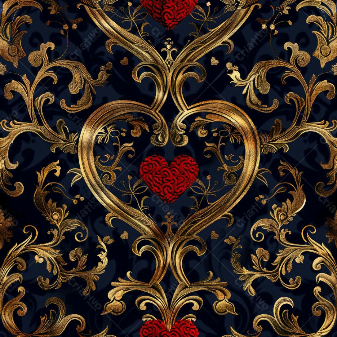 Textura floral dourada com corações vermelhos para papel de parede
