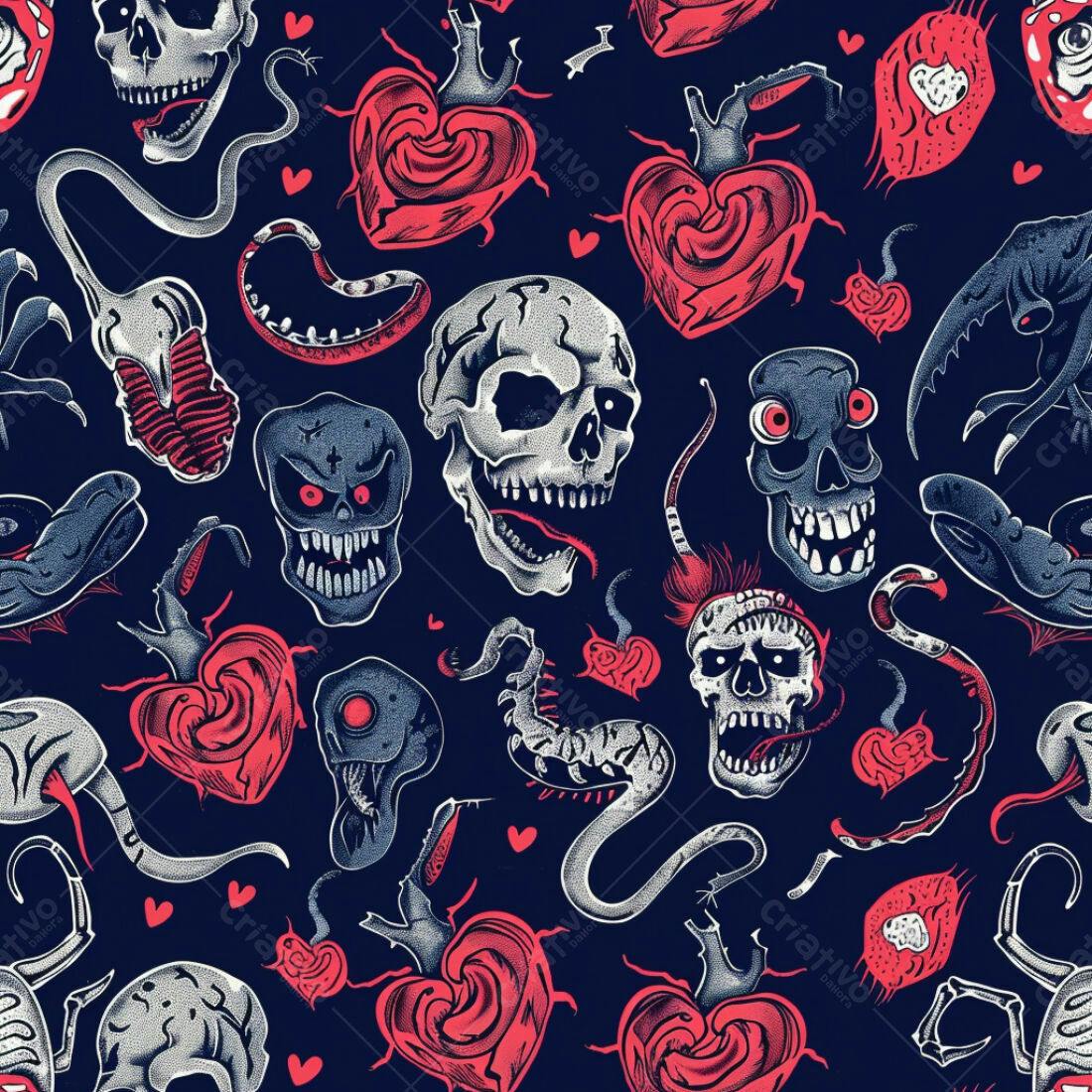 Textura Padrão Halloween Caveiras e Corações para Fundo