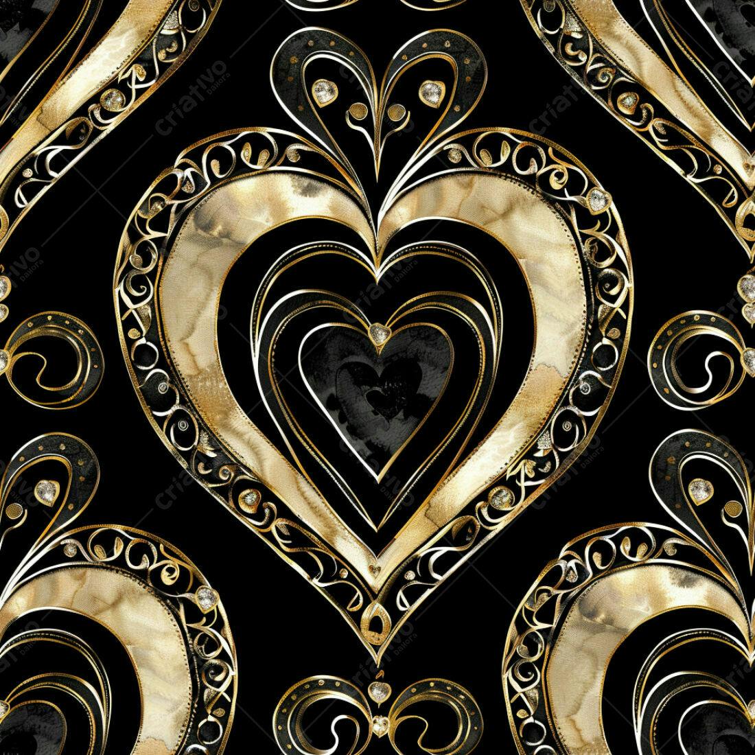 Textura corações luxo dourado e preto para fundo