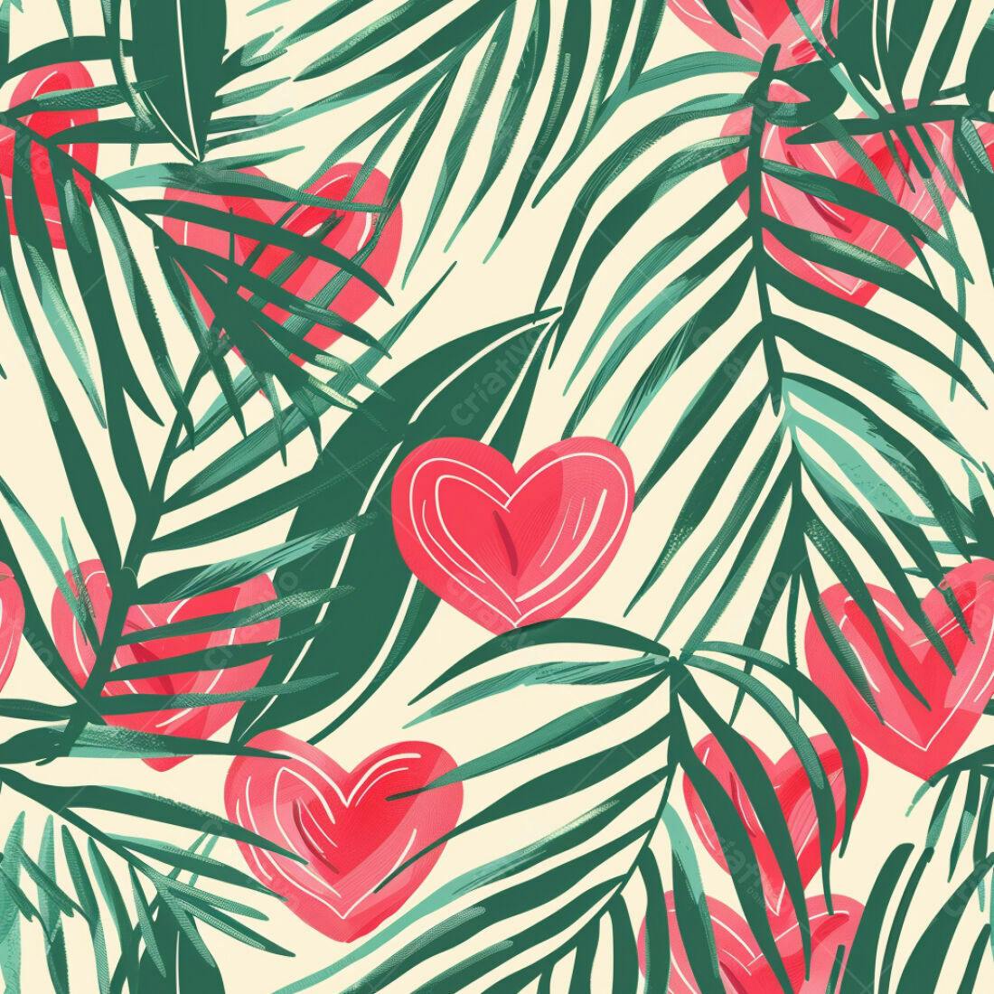 Textura Folhagem Tropical com Corações para Fundo
