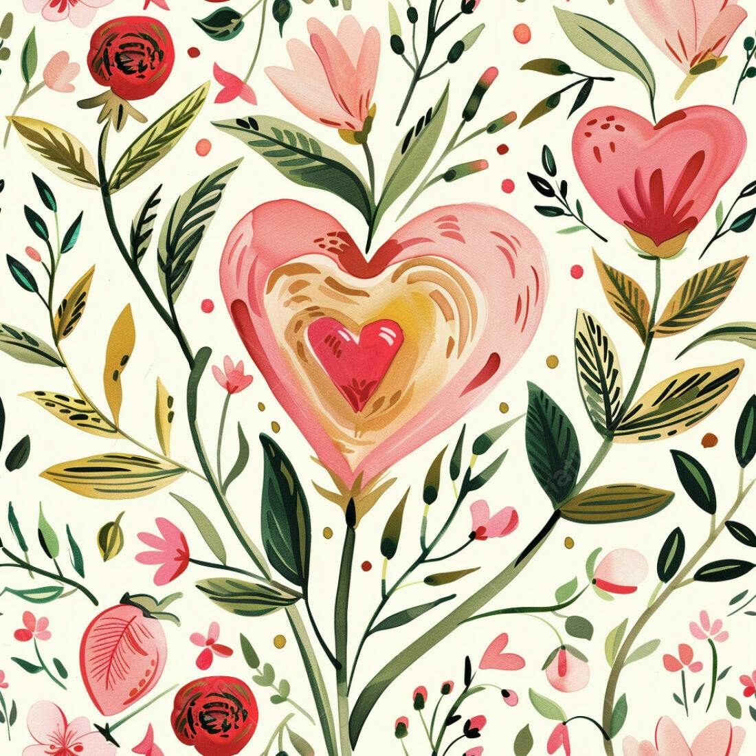 Textura floral romântica com corações para papel de parede