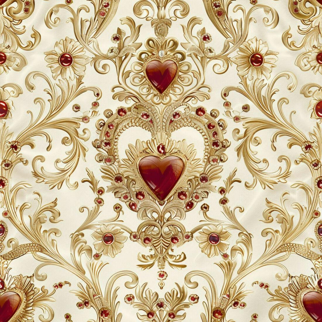 Textura tecido barroco dourado com corações para papel de parede