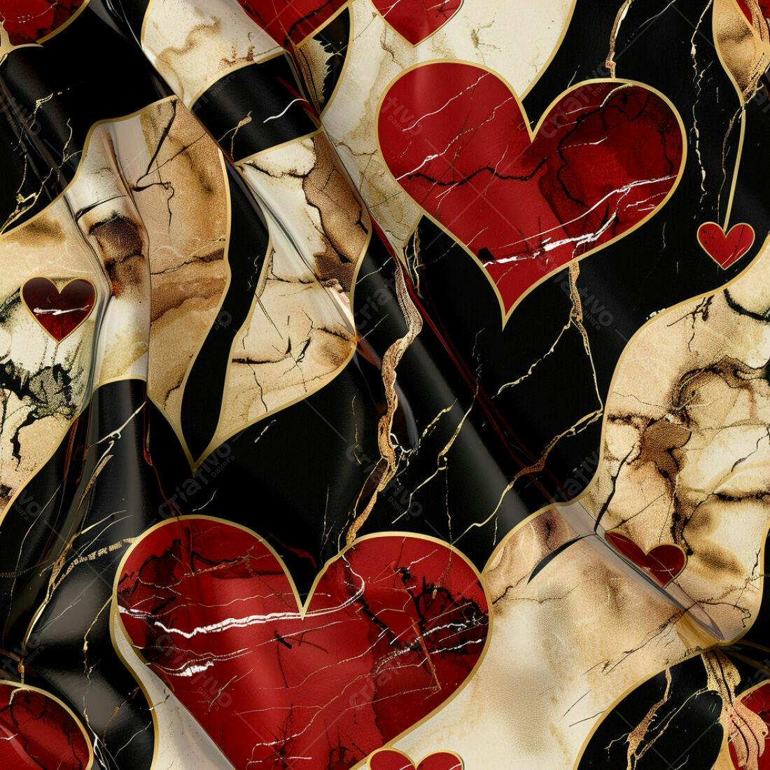 Textura tecido corações vermelho e dourado para decoração