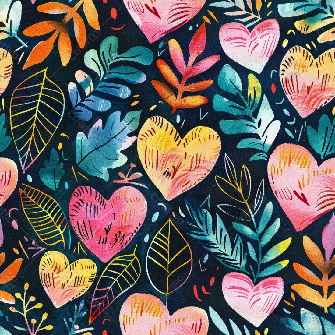 Textura floral corações e folhas para papel de parede