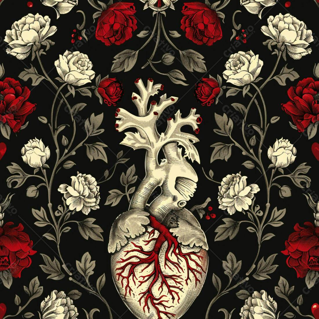 Textura floral com coração anatômico para papel de parede