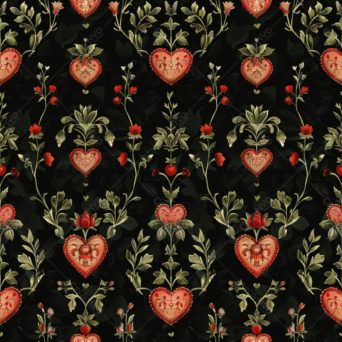 Textura floral com corações vermelhos para papel de parede
