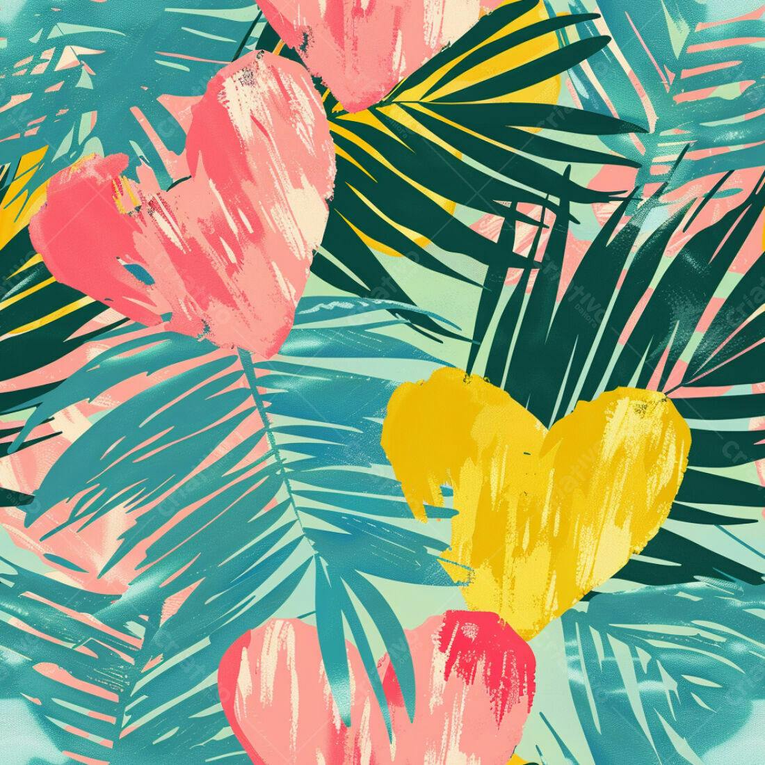 Textura Folhas Tropicais e Corações para Fundo