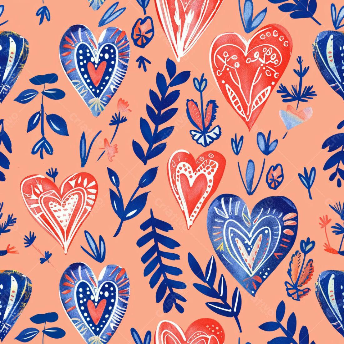 Textura floral corações azul e vermelho para papel de parede