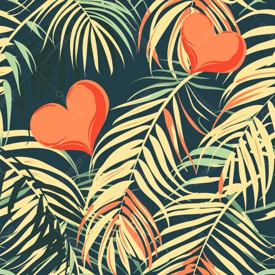 Textura Folhas Tropicais com Corações para Fundo