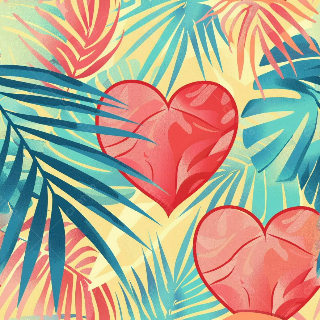 Textura Folhagem Tropical com Corações para Fundo