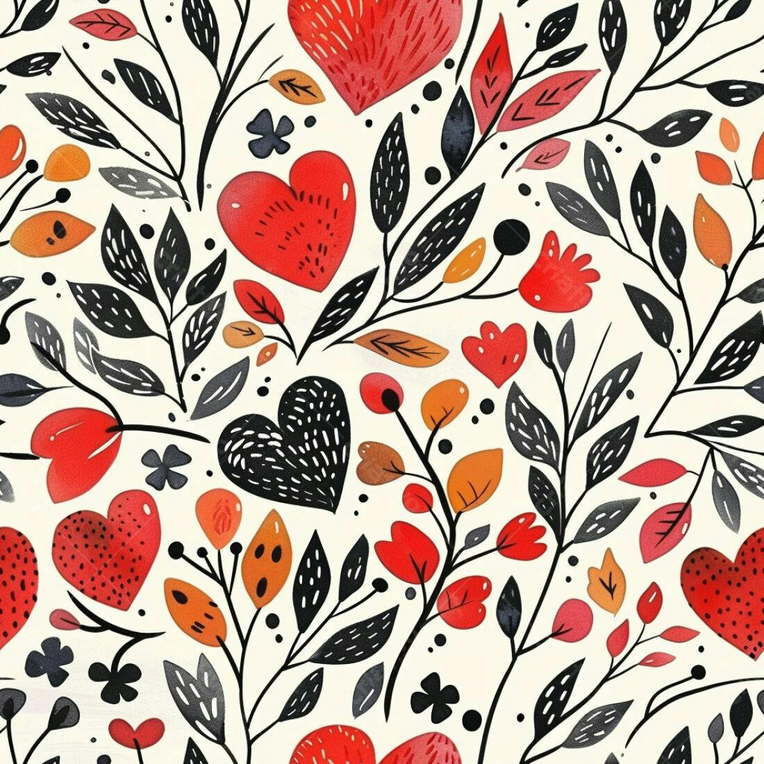 Textura floral com corações vermelhos para papel de parede