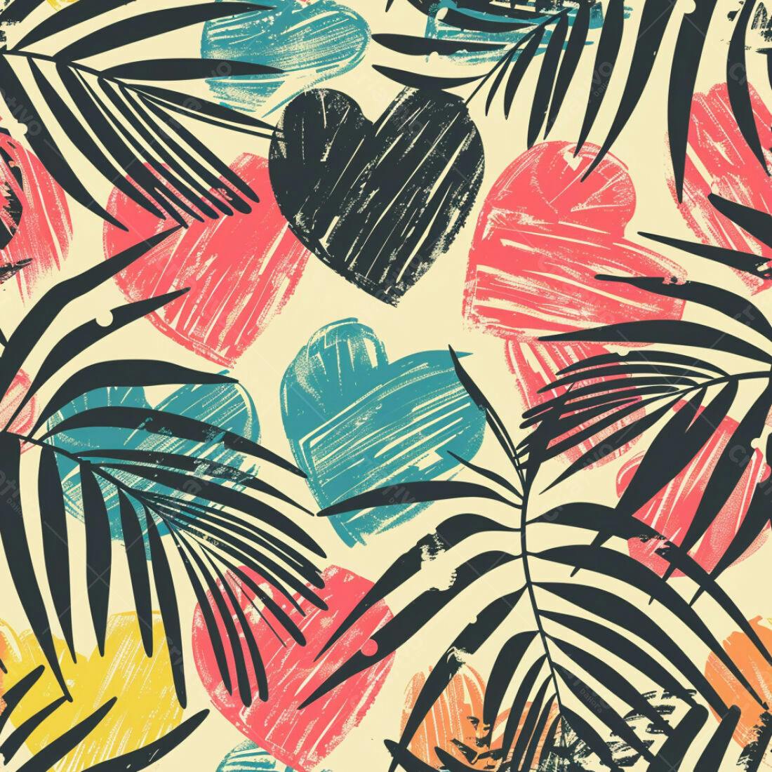 Textura corações e folhas tropicais para fundo