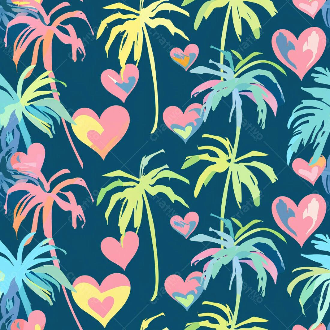 Textura tropical palmeiras e corações para fundo