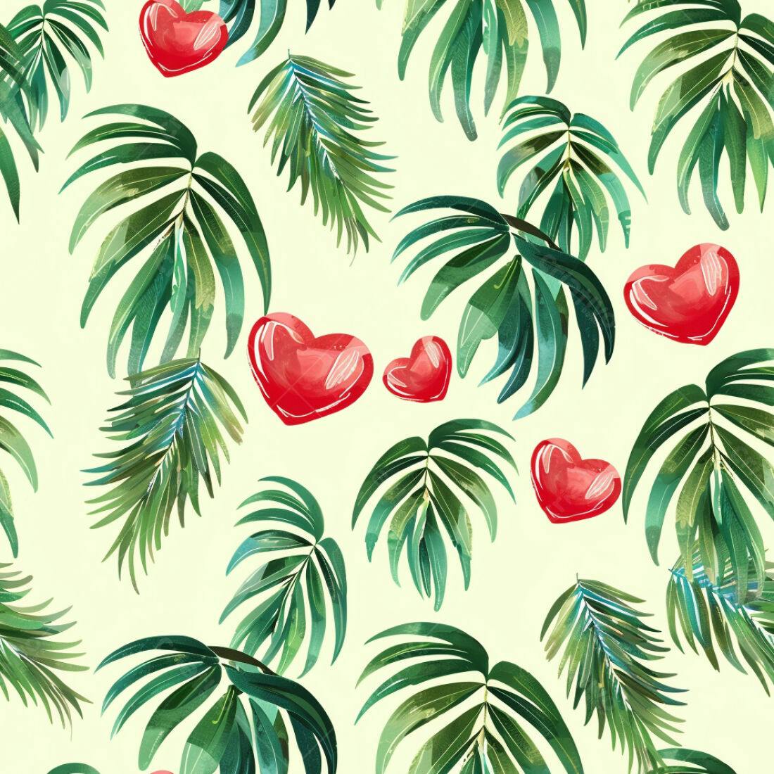 Textura Folhas Tropicais e Corações Vermelhos para Fundo
