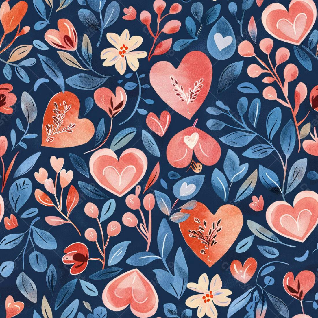 Textura floral corações e flores para fundo romântico