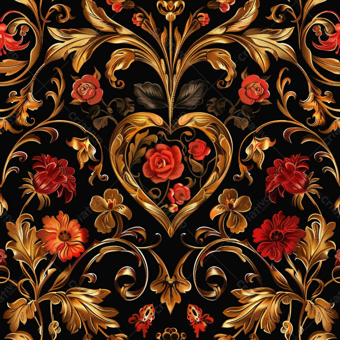 Textura floral dourada com coração para papel de parede