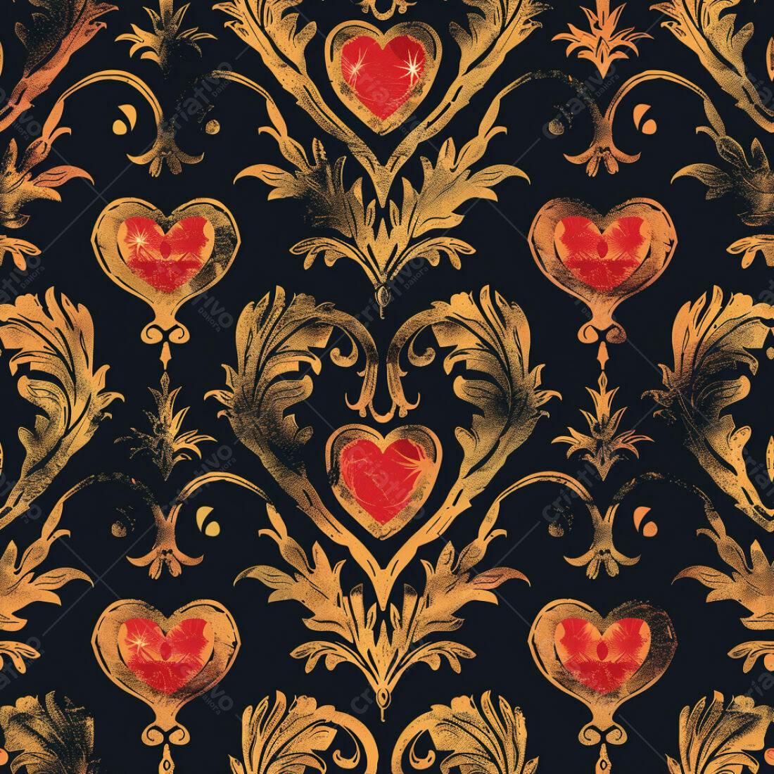 Textura Damasco Dourado com Corações Vermelhos para Papel de Parede