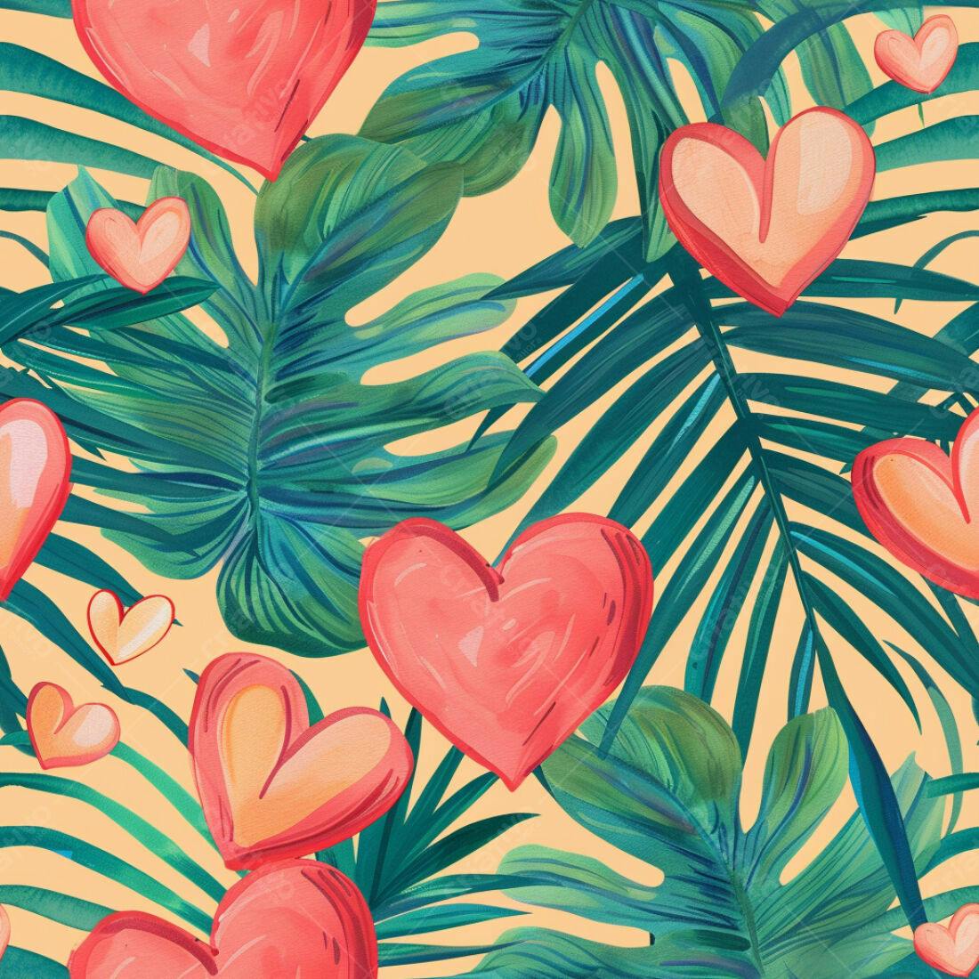 Textura Folhagem Tropical com Corações para Fundo