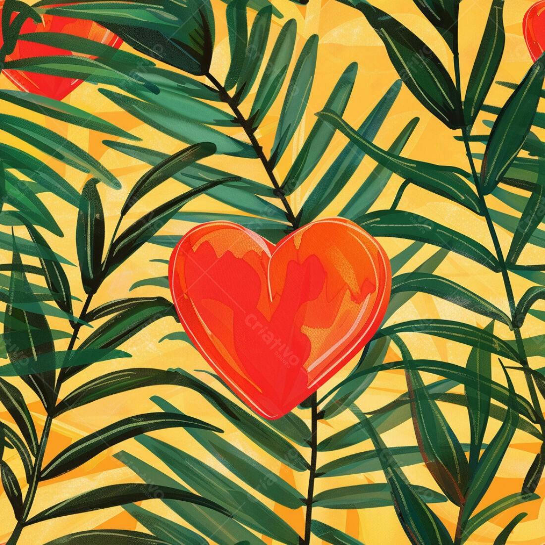 Textura Folhagem Tropical com Corações Vermelhos para Fundo
