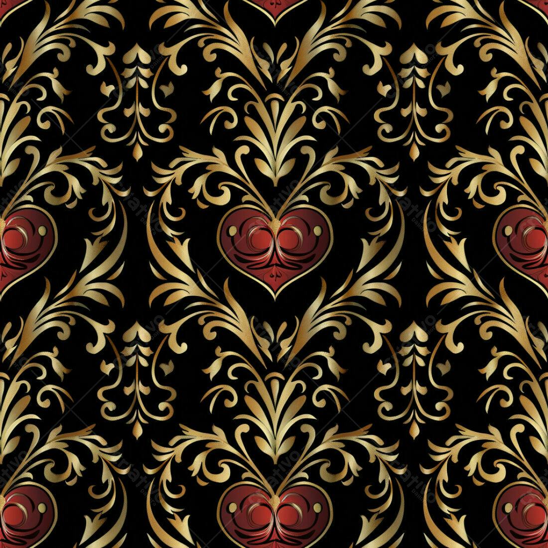 Textura Damasco Dourado e Vermelho para Fundo