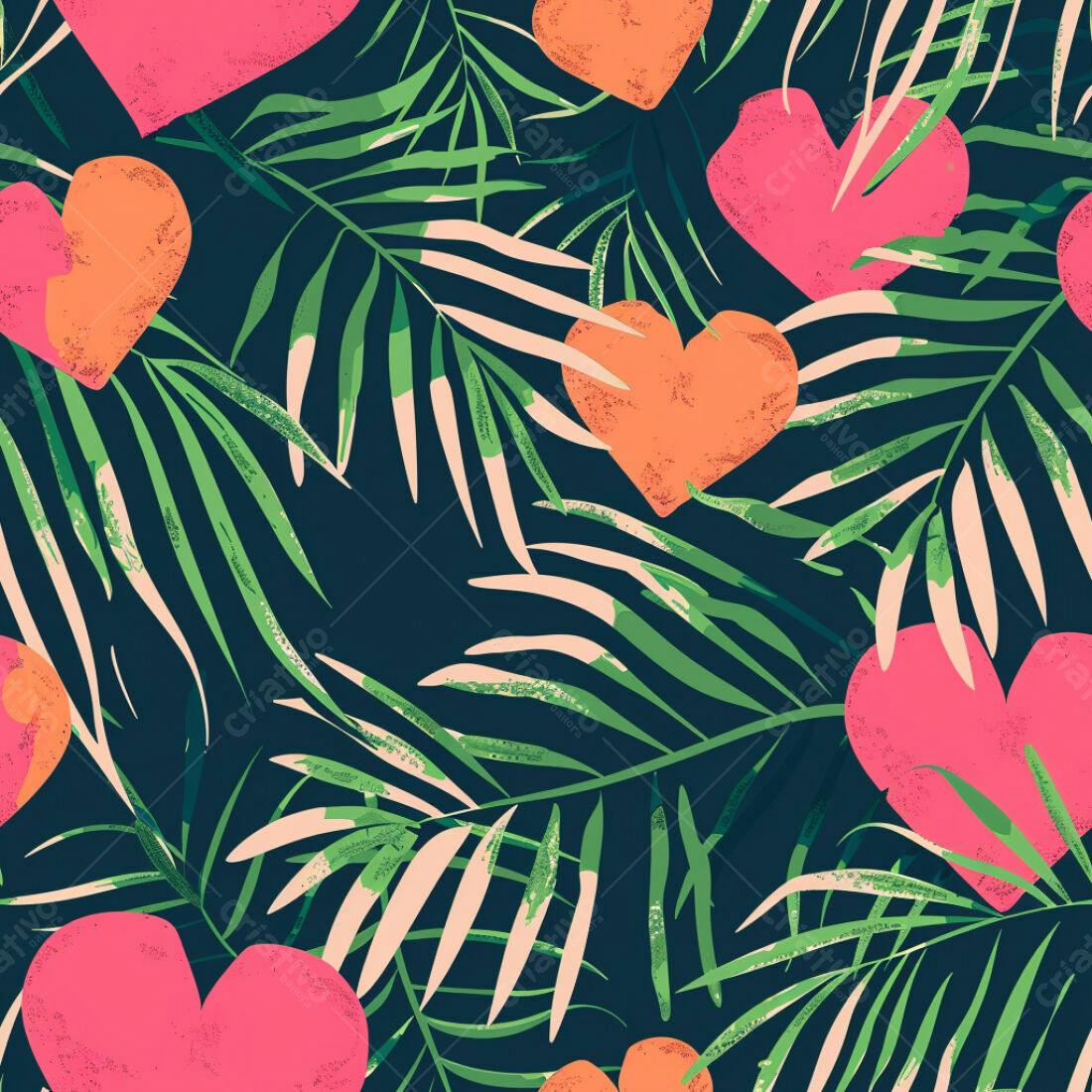 Textura Folhagem Tropical com Corações para Fundo