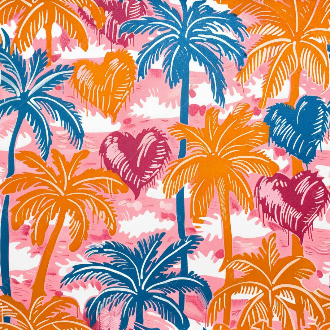 Textura Tropical com Palmeiras e Corações para Fundo