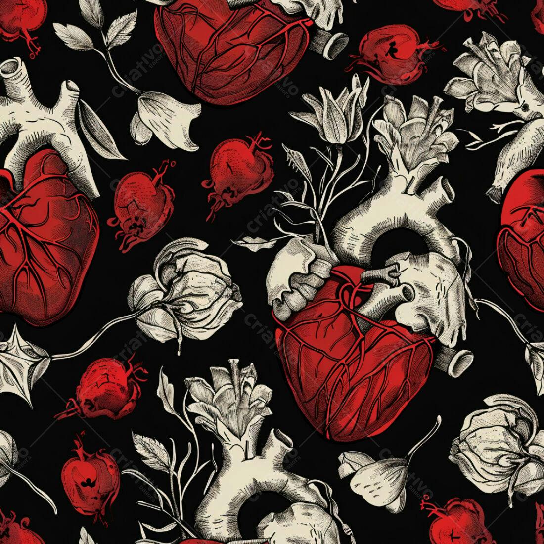 Textura anatômica corações e flores para fundo escuro