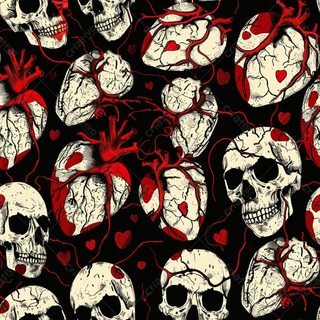 Textura caveiras e corações vermelhos para fundo dark