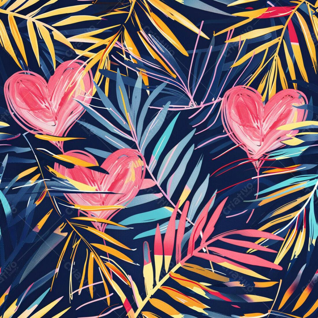 Textura Folhas Tropicais com Corações para Fundo