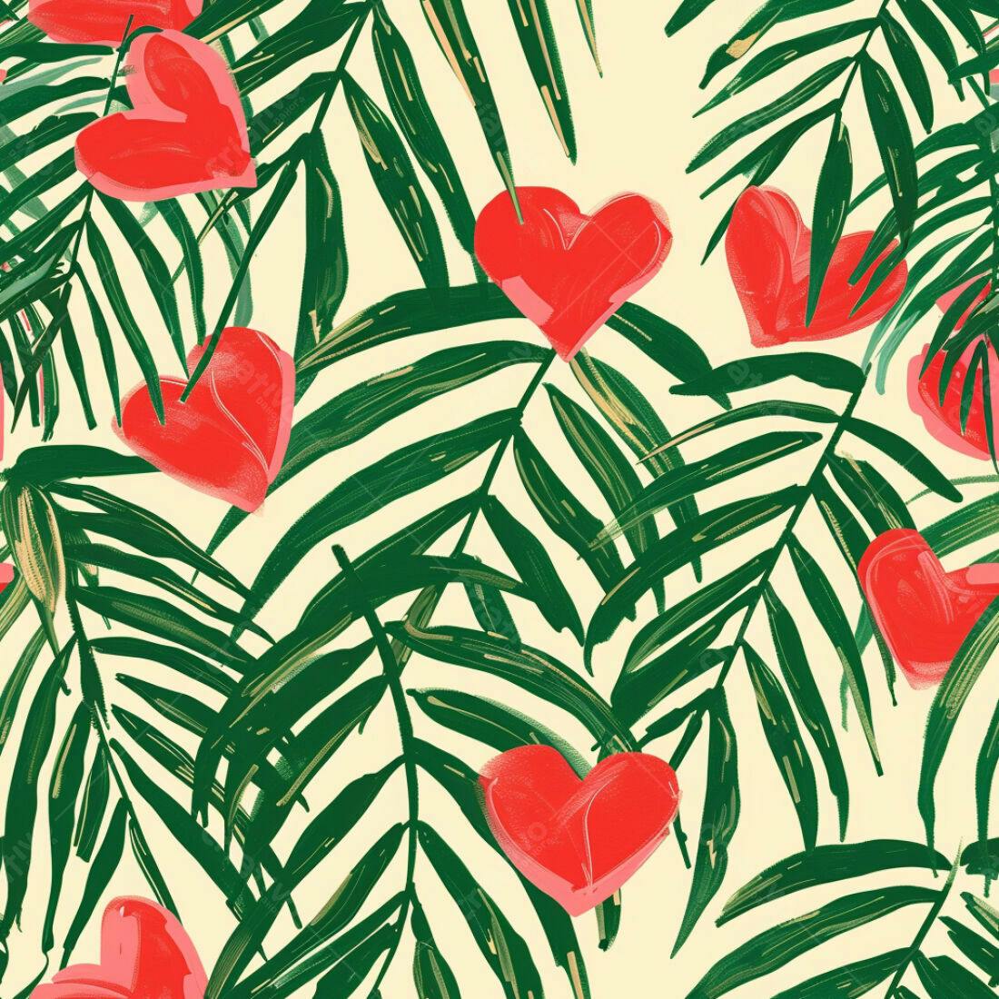 Textura Folhagem Tropical com Corações para Fundo