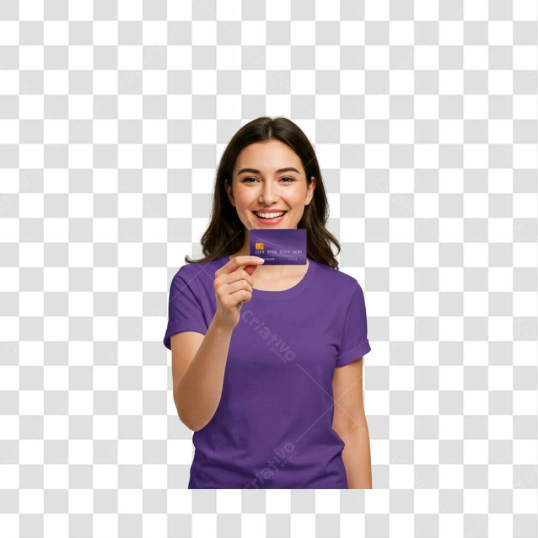 Mockup Mulher segurando cartão roxo PNG com fundo transparente