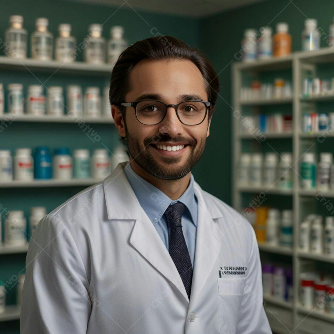 Farmacêutico sorrindo em farmácia