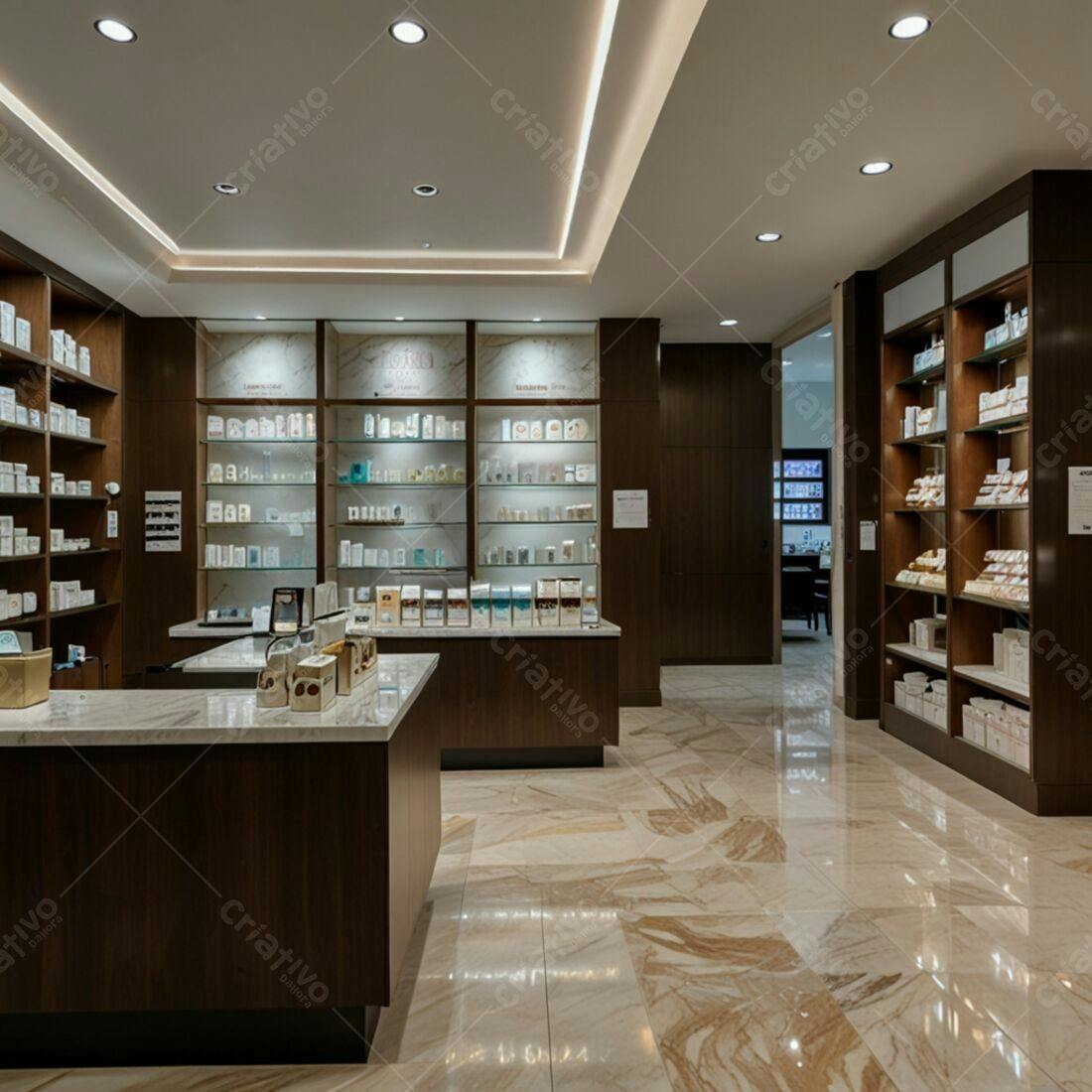 Loja de cosméticos sofisticada com produtos em prateleiras de madeira